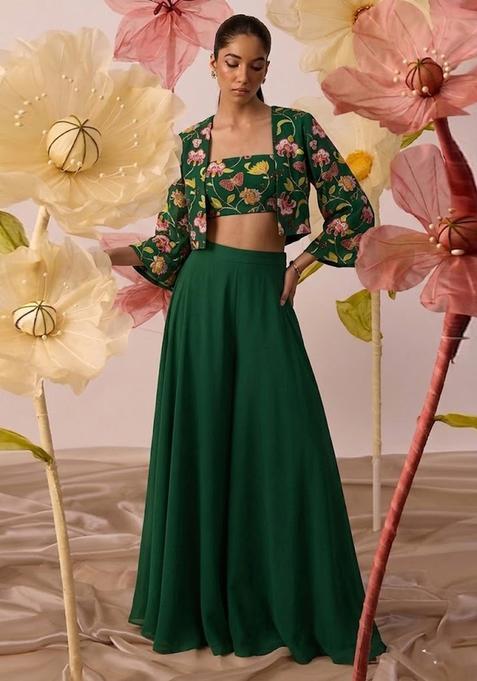Forest Green Printed Chinon Fusion Set