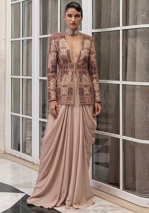 Beige Embroidered Crepe Fusion Set