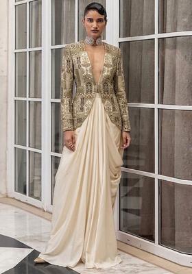 Cream Embroidered Crepe Fusion Set
