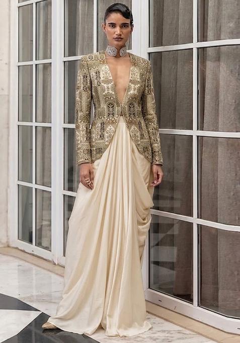 Cream Embroidered Crepe Fusion Set