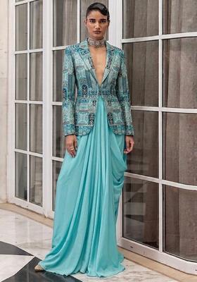Ice Blue Embroidered Crepe Fusion Set