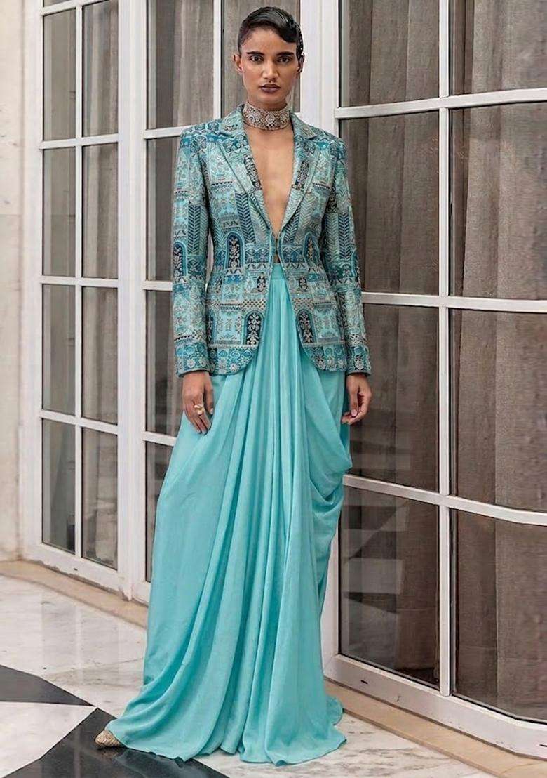 Ice Blue Embroidered Crepe Fusion Set - Indya