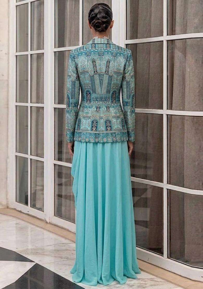 Ice Blue Embroidered Crepe Fusion Set - Indya