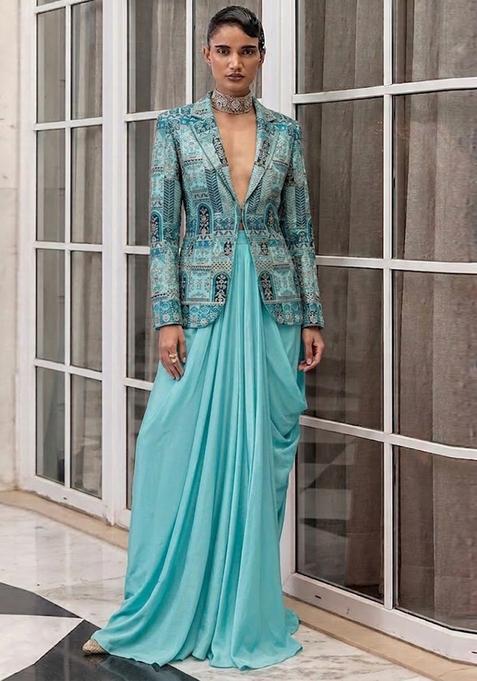 Ice Blue Embroidered Crepe Fusion Set