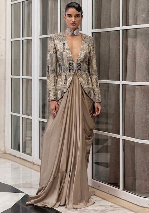 Taupe Embroidered Crepe Fusion Set