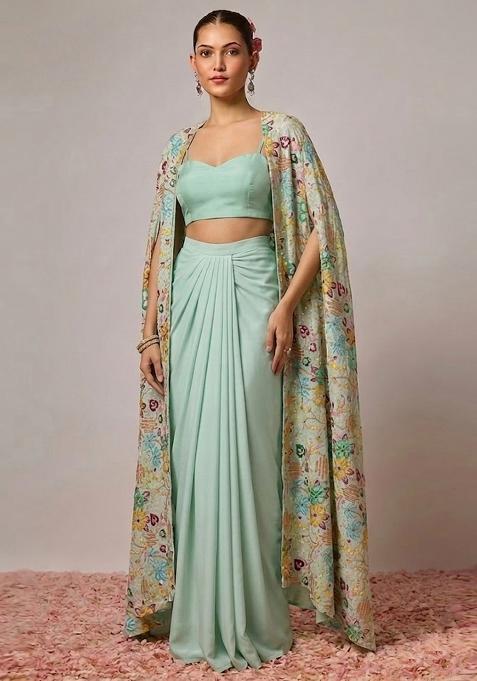 Mint Green Printed Crepe Fusion Set