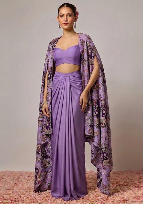 Lavender Purple Printed Crepe Fusion Set