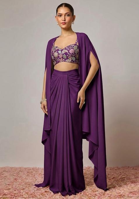 Deep Plum Printed Crepe Fusion Set