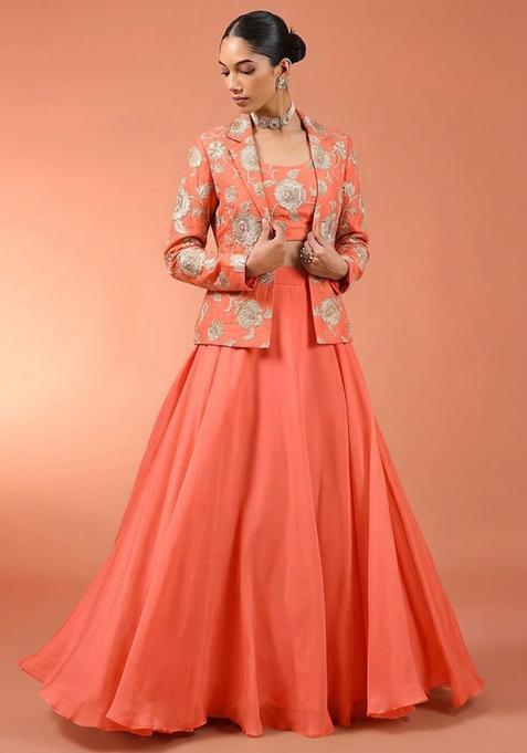 Coral Embroidered Chanderi Fusion Set
