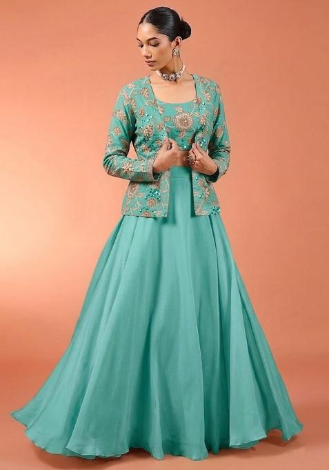 Ice Blue Embroidered Chanderi Fusion Set