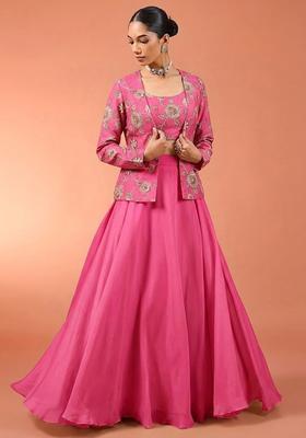 Pink Embroidered Chanderi Fusion Set