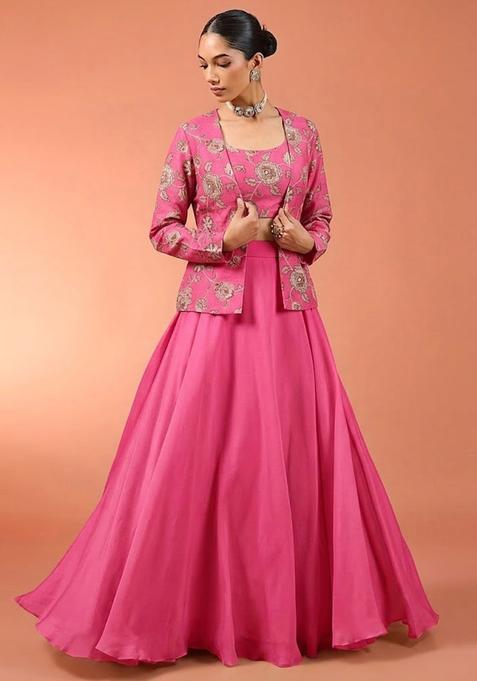 Pink Embroidered Chanderi Fusion Set