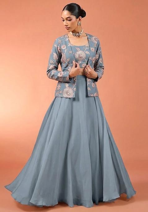 Grey Embroidered Chanderi Fusion Set