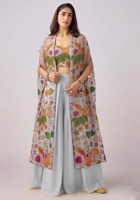 Powder Blue Embroidered Organza Fusion Set