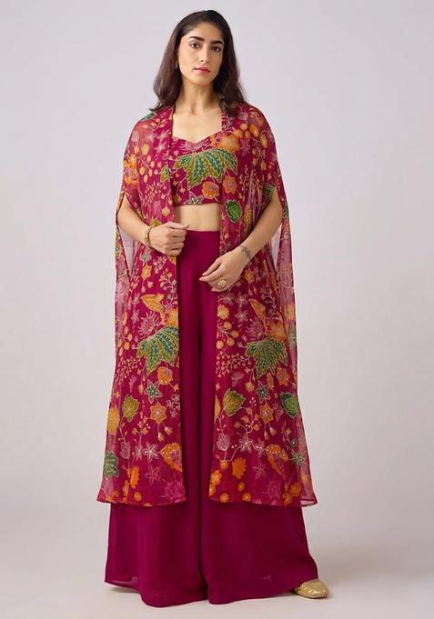 Magenta Pink Embroidered Organza Lehenga Set