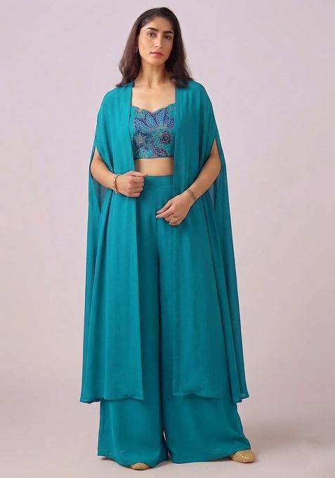 Blue Embroidered Organza Lehenga Set