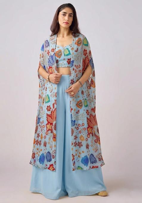 Ice Blue Embroidered Organza Lehenga Set