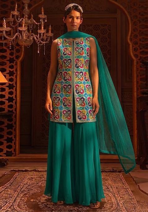 Teal Green Printed Crepe Sharara Set