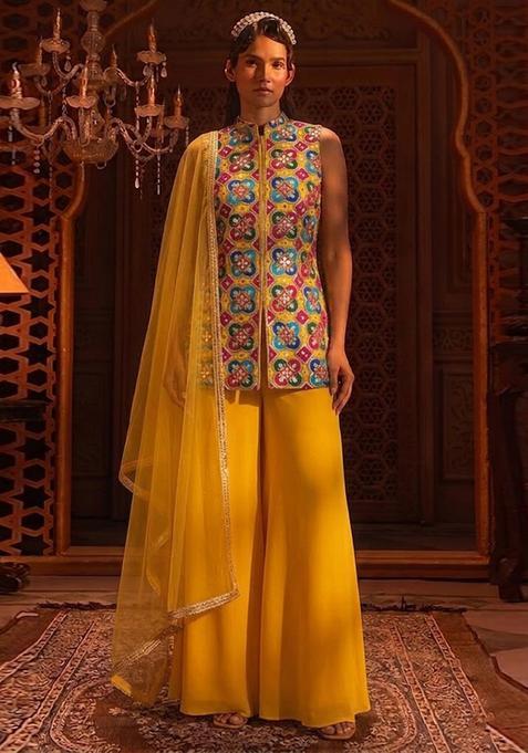 Yellow Printed Crepe Sharara Set