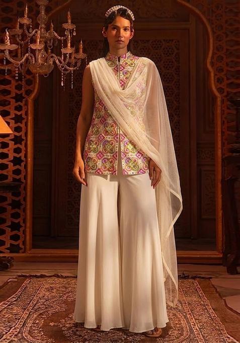 White Printed Crepe Sharara Set