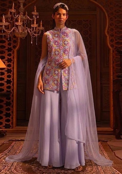 Lavender Purple Printed Crepe Sharara Set