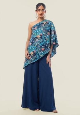 Blue Printed Crepe Fusion Set