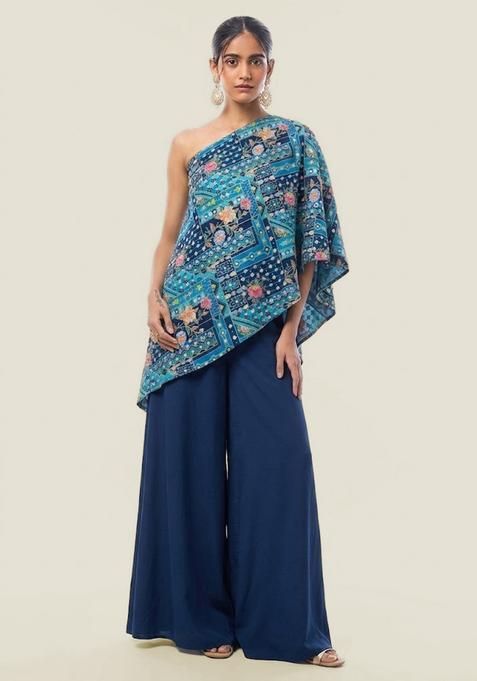 Blue Printed Crepe Fusion Set