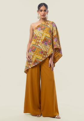 Mustard Yellow Printed Crepe Fusion Set