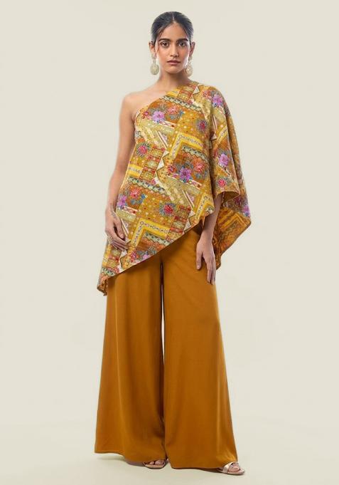 Mustard Yellow Printed Crepe Fusion Set