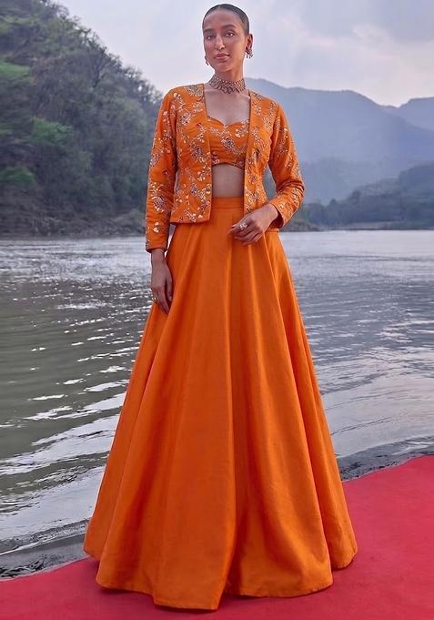 Tangerine Orange Embroidered Crepe Fusion Set