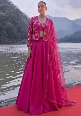 Magenta Pink Embroidered Crepe Fusion Set