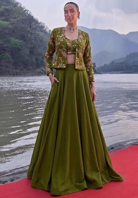 Olive Green Embroidered Crepe Fusion Set
