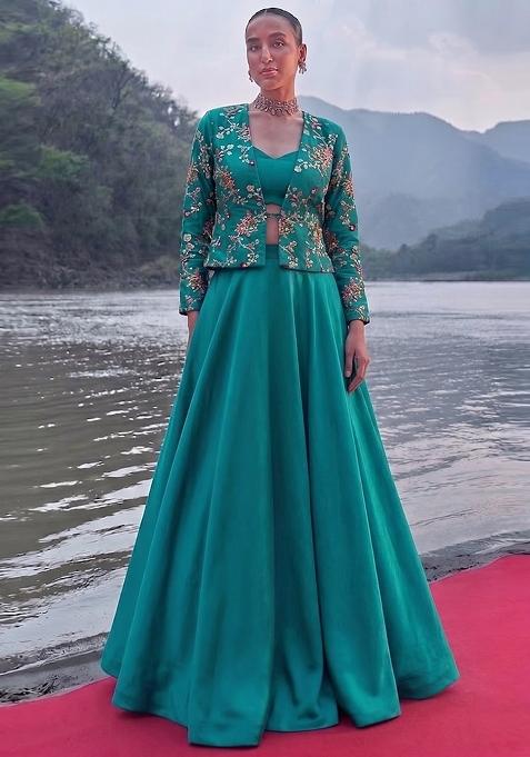 Blue Embroidered Crepe Fusion Set