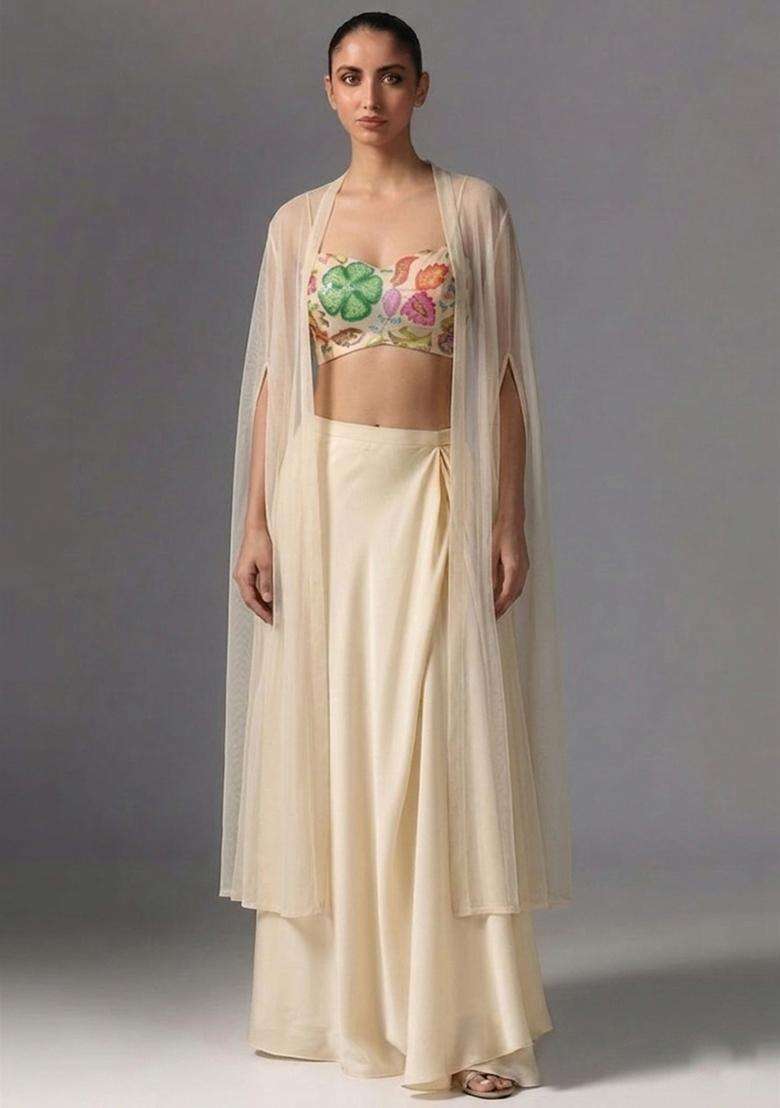 Cream Printed Poly Blend Fusion Set - Indya