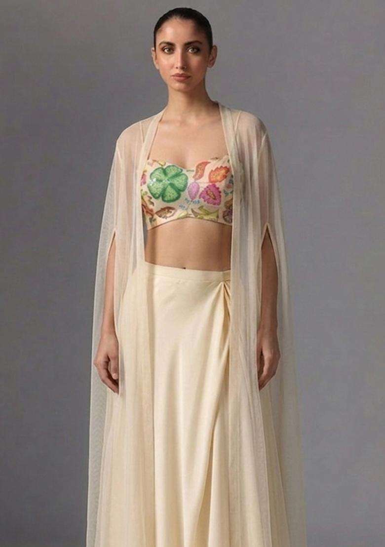 Cream Printed Poly Blend Fusion Set - Indya