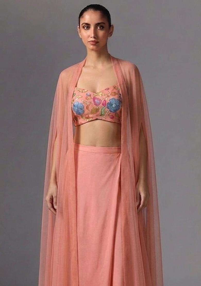 Peach Printed Poly Blend Fusion Set - Indya