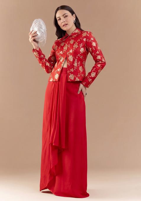 Cherry Red Embroidered Silk Fusion Set