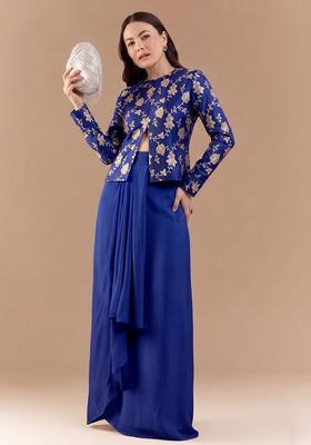 Royal Blue Embroidered Silk Fusion Set