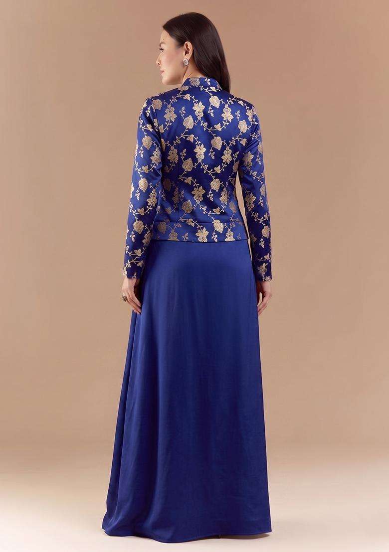 Royal Blue Embroidered Silk Fusion Set - Indya