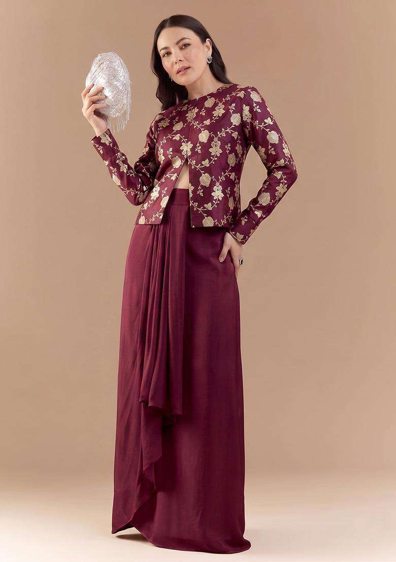 Maroon Red Embroidered Silk Fusion Set - Indya