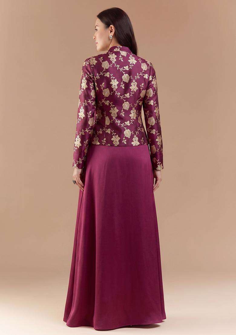 Maroon Red Embroidered Silk Fusion Set - Indya