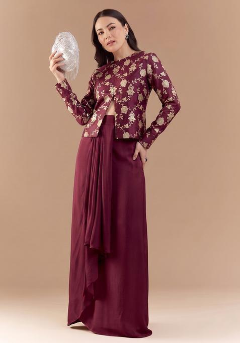 Maroon Red Embroidered Silk Fusion Set