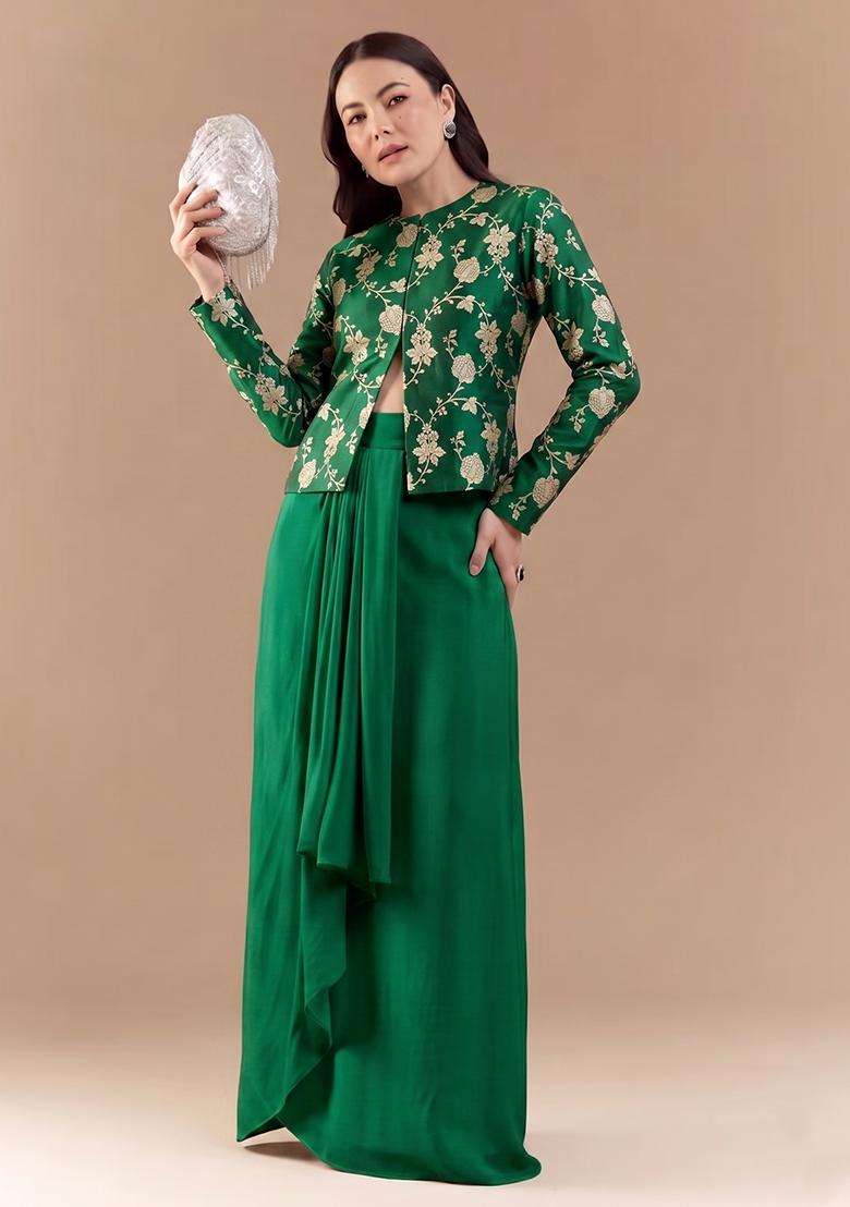 Green Embroidered Silk Fusion Set - Indya