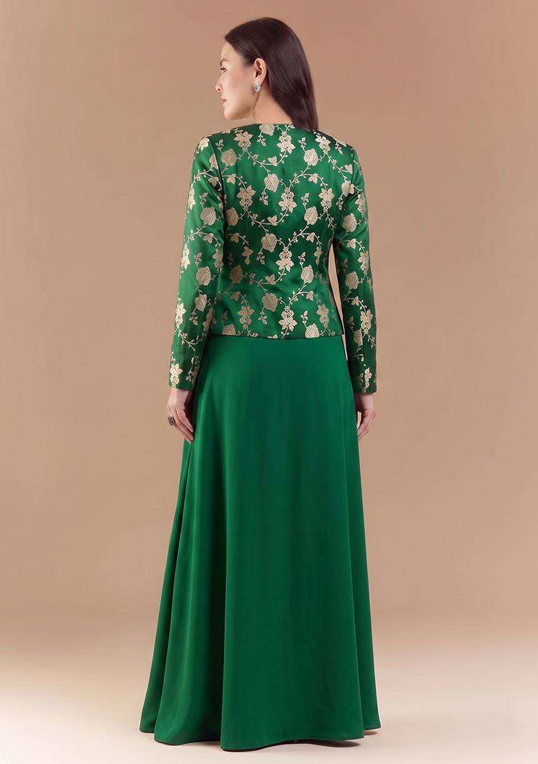 Green Embroidered Silk Fusion Set - Indya