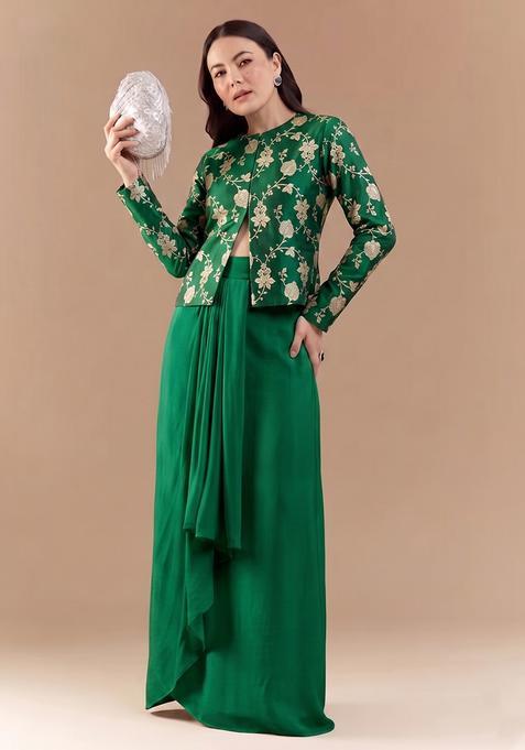 Green Embroidered Silk Fusion Set