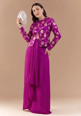 Magenta Pink Embroidered Silk Fusion Set