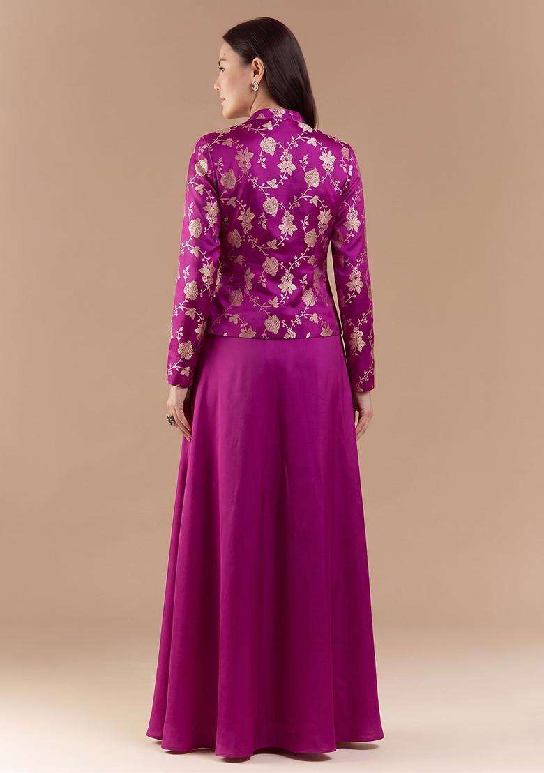 Magenta Pink Embroidered Silk Fusion Set - Indya