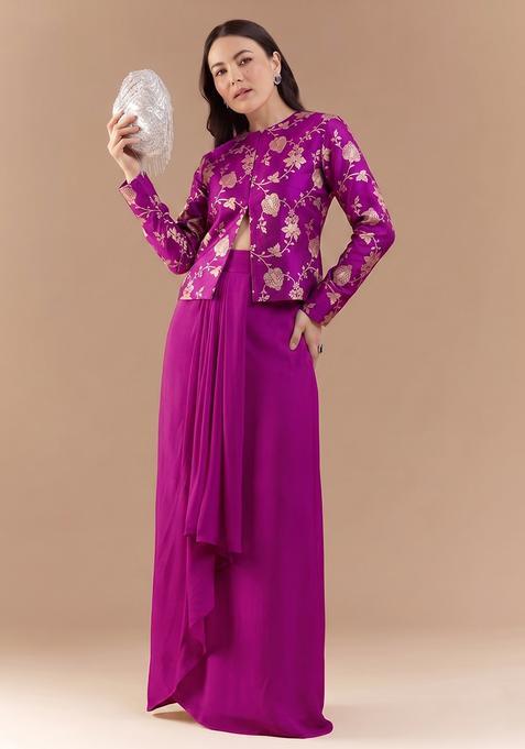 Magenta Pink Embroidered Silk Fusion Set