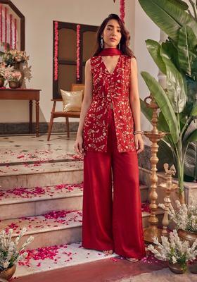 Cherry Red Embroidered Crepe Fusion Set