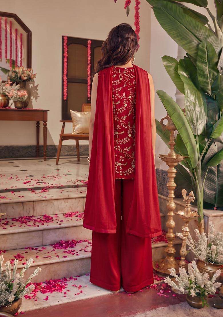 Cherry Red Embroidered Crepe Fusion Set - Indya
